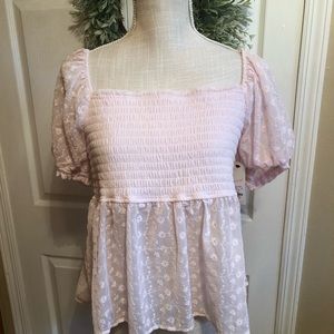 Francesca’s Pink Brand new with tags Blush pink eyelet top, see through bottom